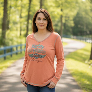 Women's Harley-Davidson Orange Teal Long Sleeve V-Neck Tee Size L
